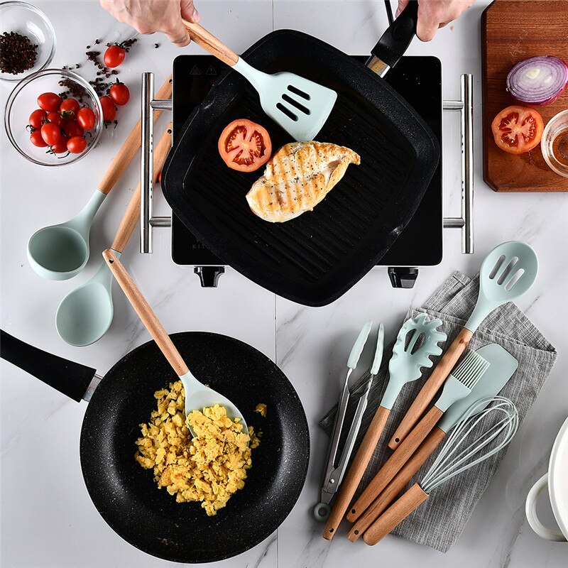 9/11/12 st silikonset matlagningsredskap set non-stick spatel spade trähandtag matlagningsredskap set med köksredskap förvaringslåda