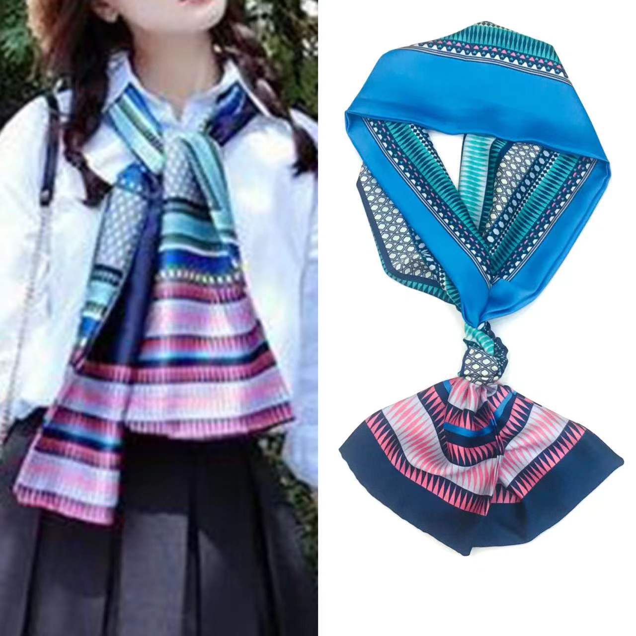 Neue schmale Damen-Seidenschals, Pufferband, Haarschmuck, Krawattenbeutel, 145 x 13 cm, Halstuch, bedruckt, Simulation langer Seidenschal: MULTI