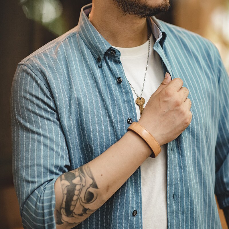 Hommes chemise américaine rétro brossé bleu pinrayure chemise à manches longues Hong Kong style japonais décontracté chemise hommes vêtements