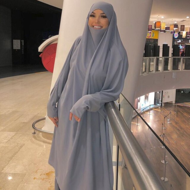 Ramadan Eid Frauen Gebet Bekleidungs Muslimischen einstellen 2 Stück Passenden Outfit Mit Kapuze Khimar Hijab Lange Felsen Abaya Islam Saudi Kleidung: grau