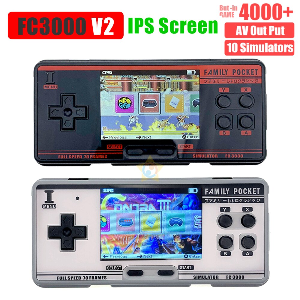 Consola de videojuegos portátil FC3000 con pantalla IPS, 10 simuladores, Color negro y gris, 4000 juegos integrados