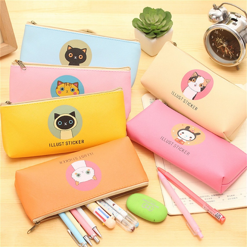 Cartuchera de gatos de lona, material escolar de PU de , precioso estuche de , útiles escolares