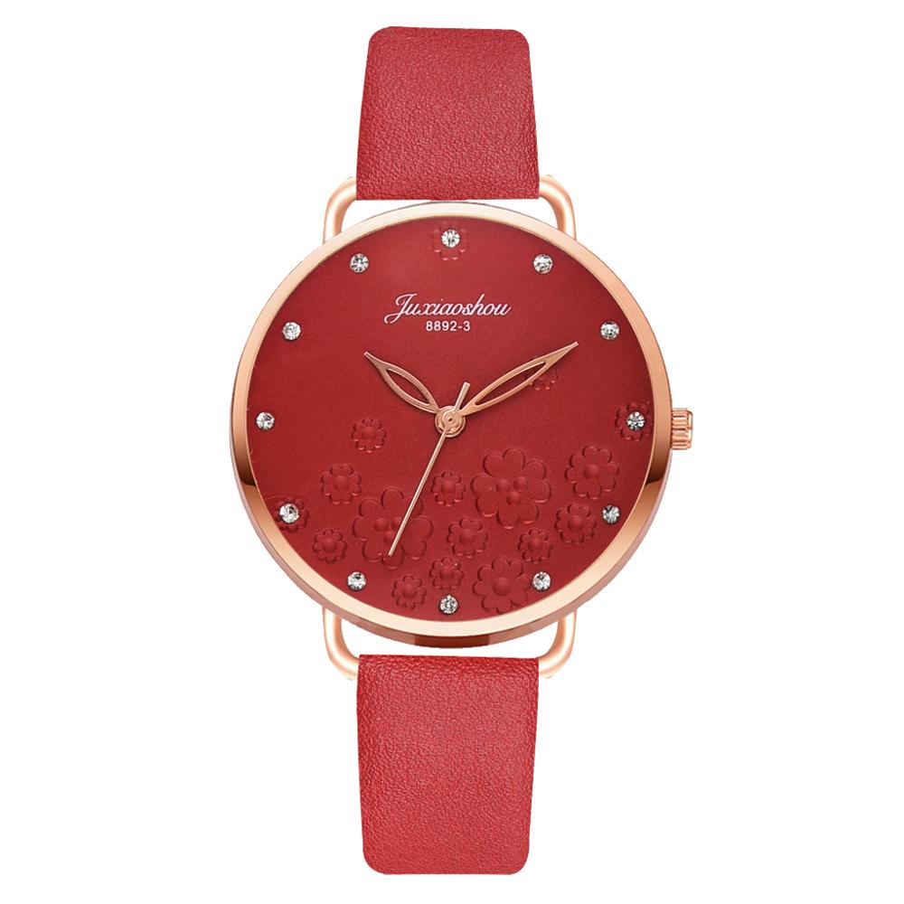 Frauen Diamant Uhr Blumen Runden Zifferblatt Armbinde Uhren einstellen Damen Leder Band Quarz Armbanduhr Weibliche Uhr Zegarek Damski: 1pc rot