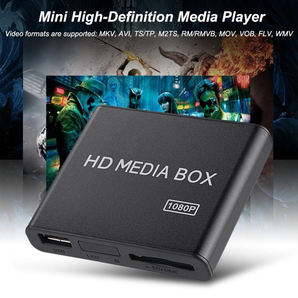Mini boîtier externe Full HD 110/240V, 1080P, lecteur multimédia, compatible USB, MMC, RMVB, MP3, AVI, MKV