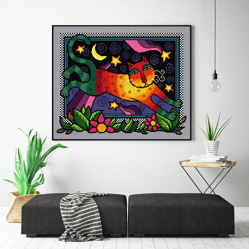 Rainbow Cat Counted Cross Stitch Patterns DMC Embroidery Kits 14CT 11CT Stamped Cross Stitch Kits Printed Fabric DIY Needlework
