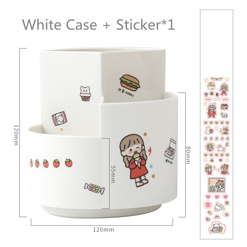 360 Degree Rotation Cute 3 Grid Drawer Desktop Storage Box Desk Organizer Holder Free Sticker School Office Stationery: white
