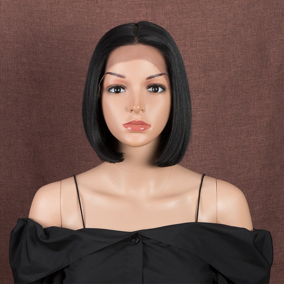 Magic 11inches Black Bob Wig Middle Part Synthetic Front Lace Wig For Black Women High Temperature Heat Resistant Fiber Hair: 1B
