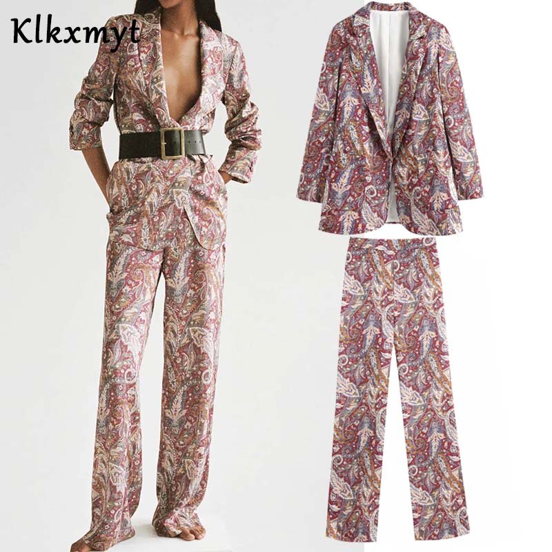 Klkxmyt sæt i to dele kvinder england kontortøj vintage print blazere kvinder jakker toppe sashes bukser bukser dame sæt: Sæt / S