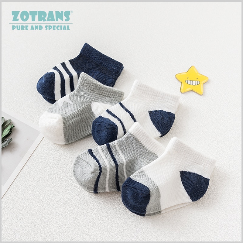 Calcetines para recién nacidos de algodón, rayas, para bebés pequeños, azul y gris, 0 a 24M, 5 par/lote