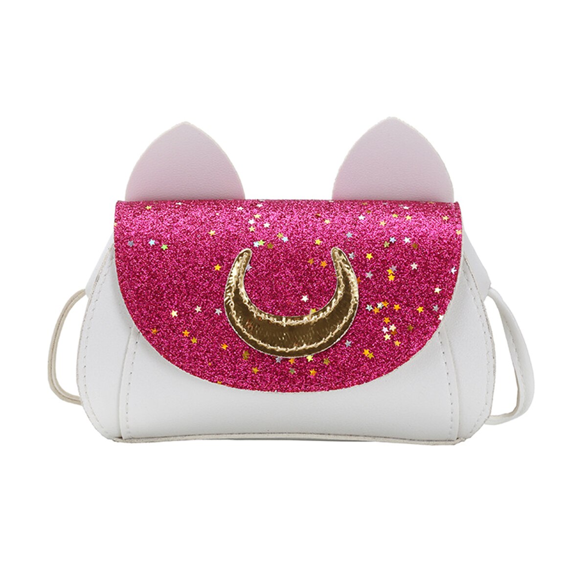 Dejlig lille piges håndtaske månemønster pailletter crossbody taske med søde katte ører børn taske bolsa: Rosenrød