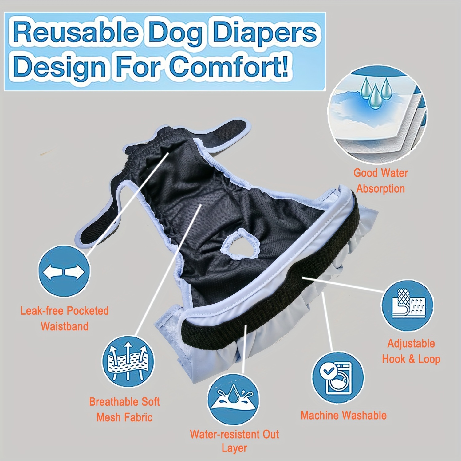 Bande ventrale lavable pour chien féminin, couche très absorbante, pantalon physiologique réglable pour animaux de compagnie, culotte anti-fuite pour chiot