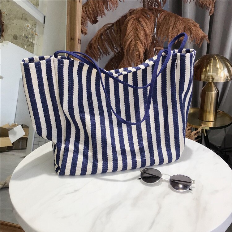 Cotton Stripe Canvas Shopping Tote Shoulder Carrying Bag Eco Reusable Bag Zippered Small Shopping Bag: bule