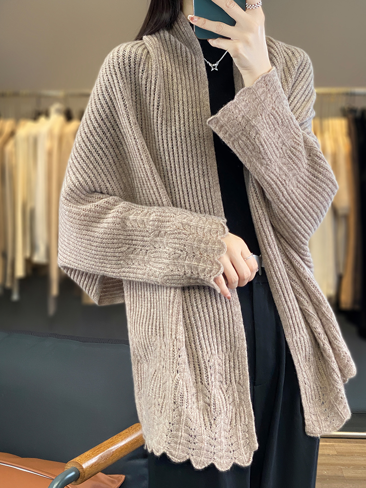 Camisola feminina cardigan xales de caxemira primavera outono 100% lã merino malhas rendas manga longa solta roupas femininas topos novo