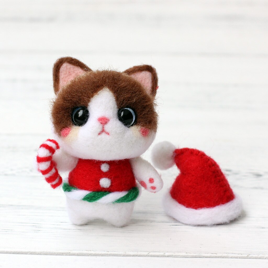 Kit artisanal en feutre de chat, nouveauté, chapeau de noël, laine animale, aiguille,