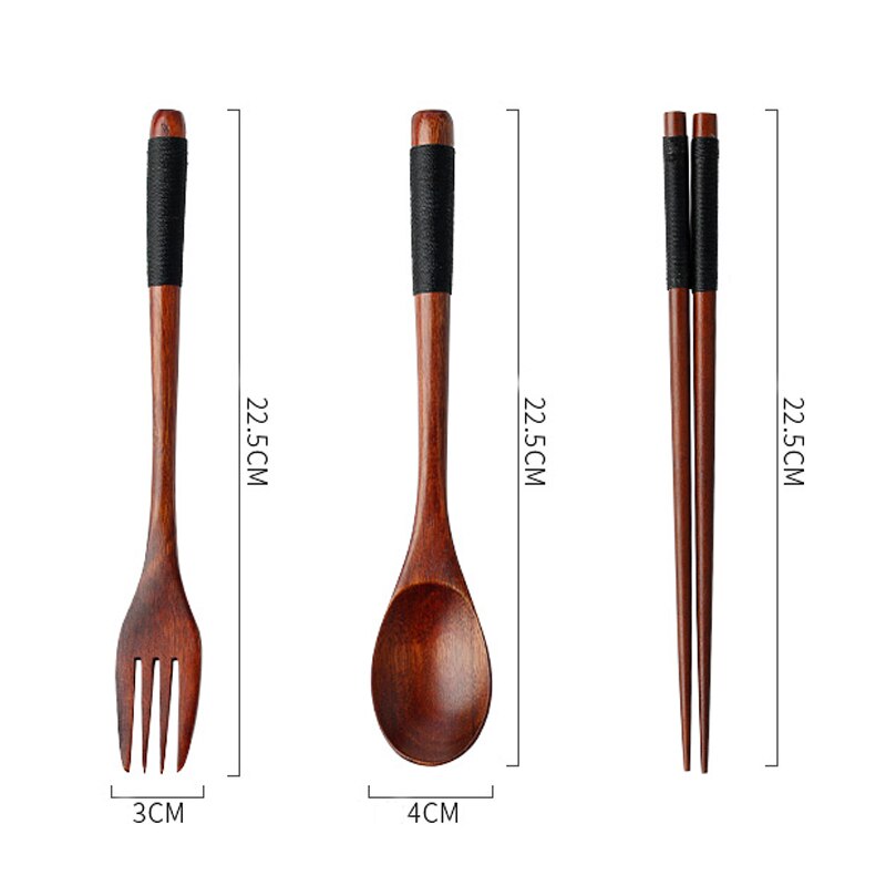 Houten Lepel Vork Eetstokjes Set Draagbare Outdoor Bestek Set Japanse Stijl Servies Set Lange Steel Lepel Houten Servies