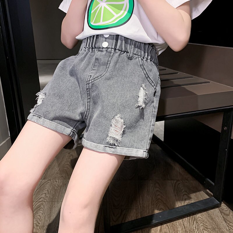 Pantalones cortos de tela vaquera con botón para niños, vaqueros de algodón rasgados para niñas, ropa de para adolescentes, color gris