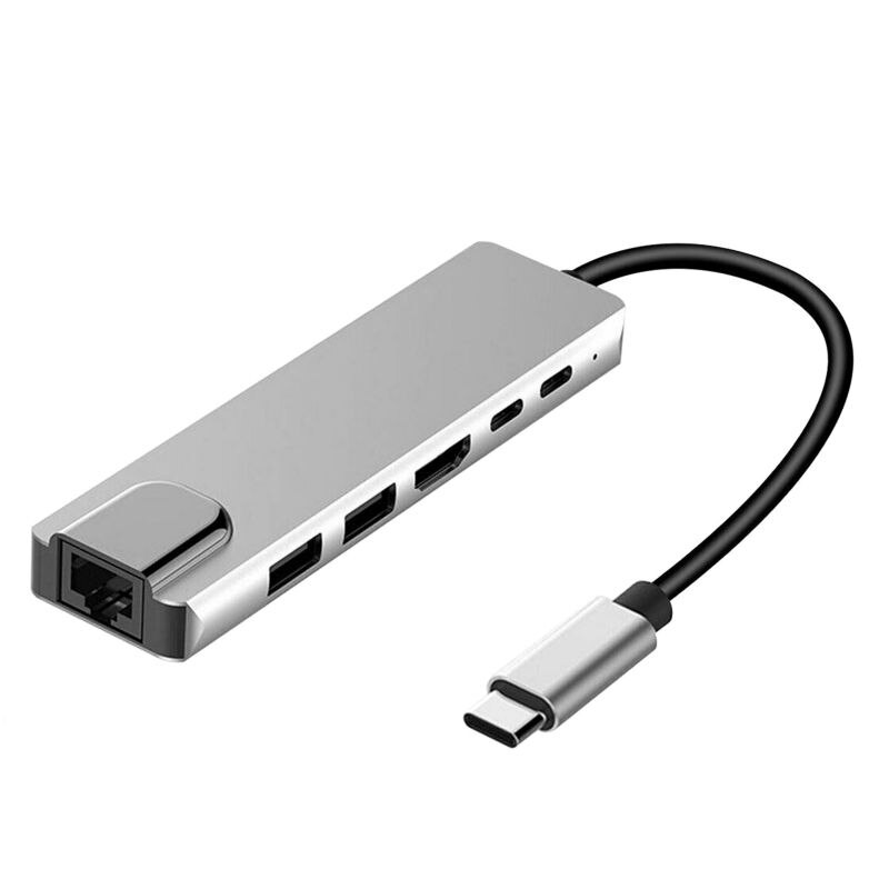 6-In-1 USB-C Hub Multi-Poort Adapter Usb Type C Hub Adapter Dock Met 4K Hdmi RJ45 Ethernet Lan Usb C
