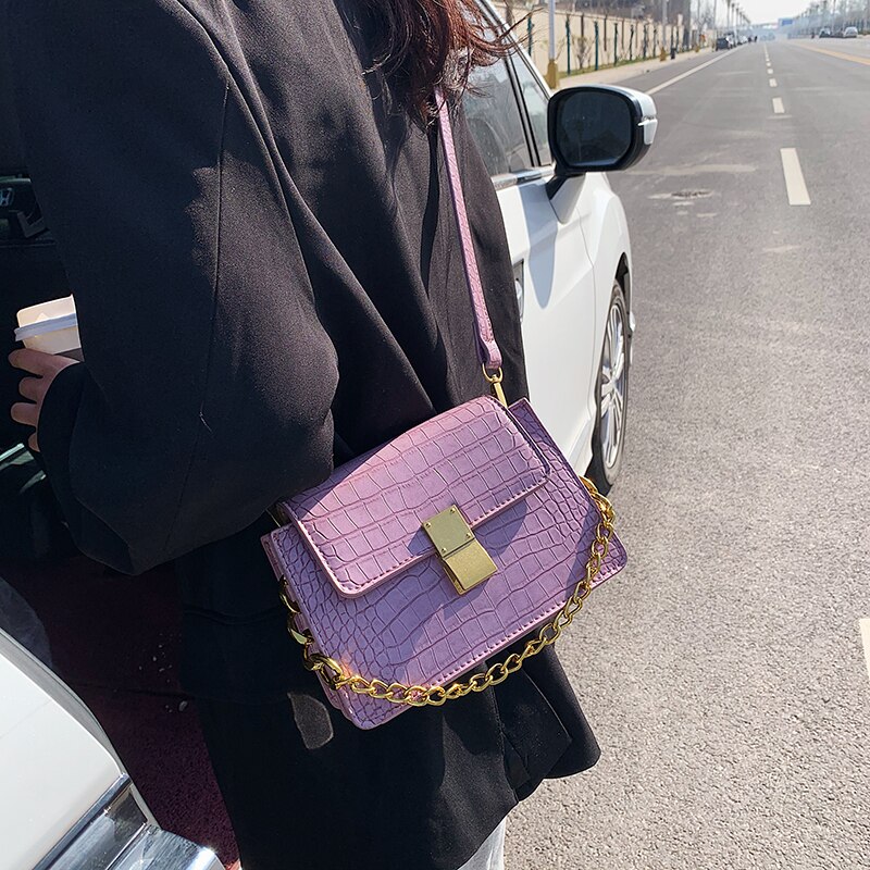 Crocodile Pattern Purple Pu Leather Crossbody Bags For Women Summer Chain Small Shoulder Handbags Female Totes