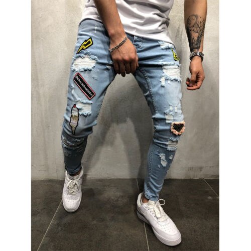 Vaqueros ajustados rasgados para hombre, Vaqueros largos rasgados, deshilachados,