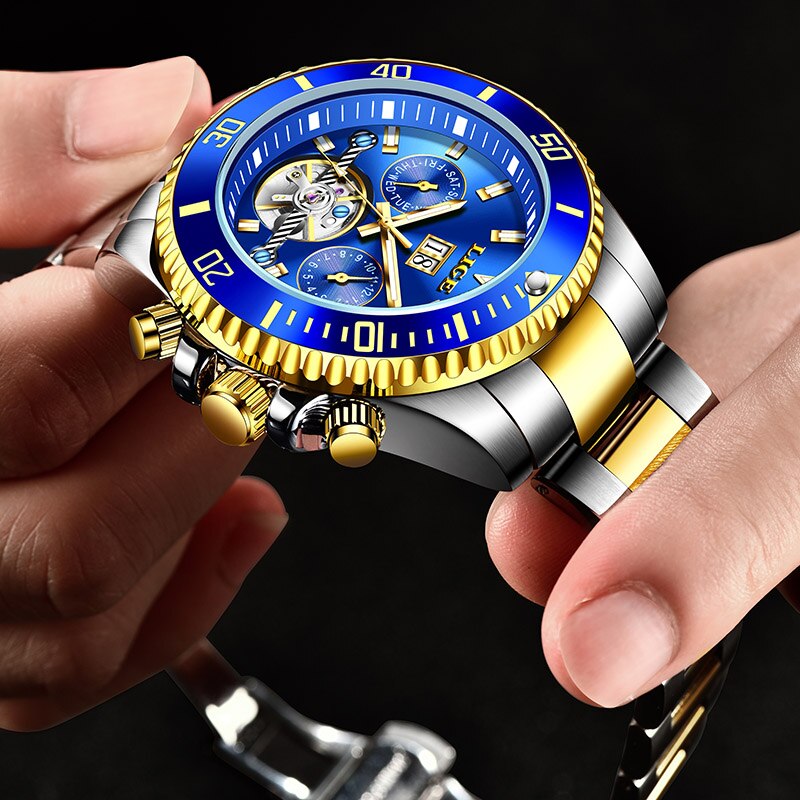 LIGE Marken Männer Automatische Mechanische Tourbillon Uhr Luxus Edelstahl Sport Uhren Herren Uhr Relogio Masculino: Gold Blau