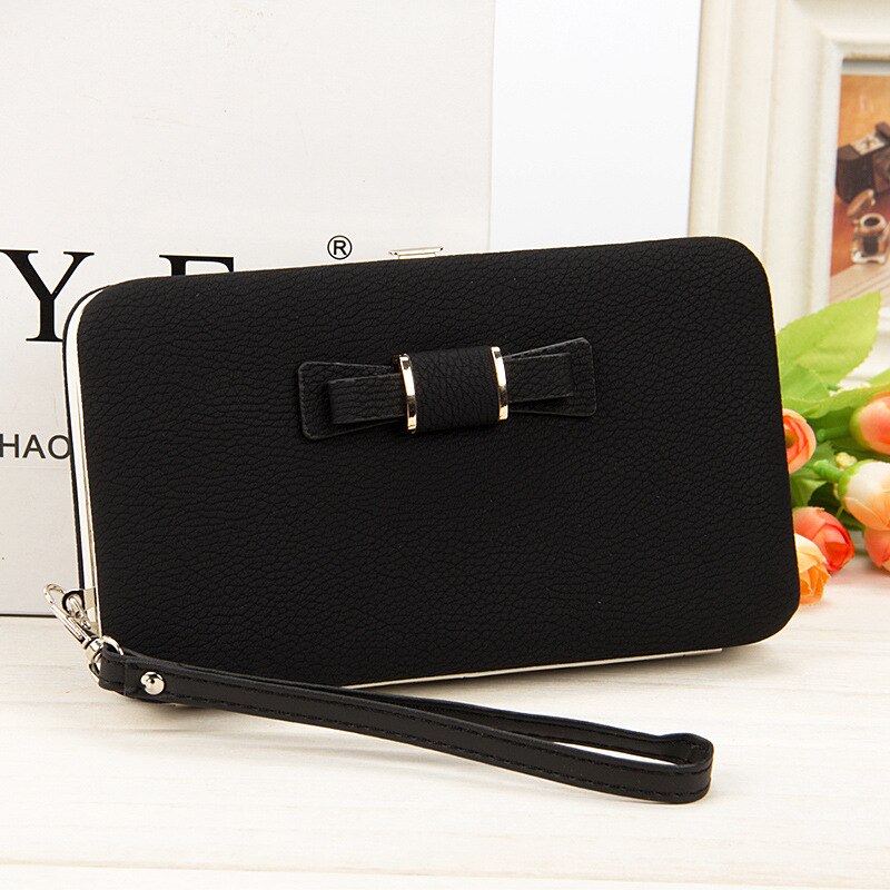 Baellerry Wallet Women Metal Frame Snap Button Coin Purse Mobile Phone Bag Bow Female Bag Good Support Name Engraving: Black