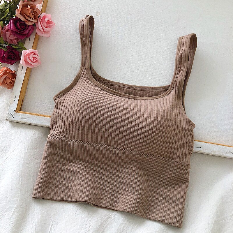 petit col carré sous-vêtements pour femmes, couleur unie, sans anneau en acier, haut à tube fin, gilet pour femmes,: Kaki