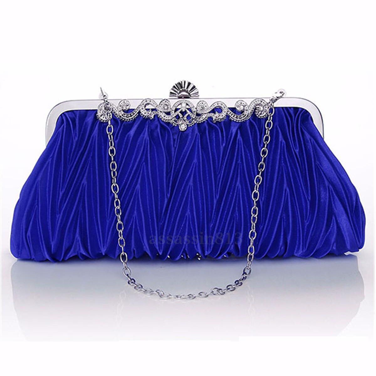 Lady Party Wedding Handbag Purse Girl Soft Evening Bag Bridal Women Satin Crystal Clutch Joxipaw: Blue