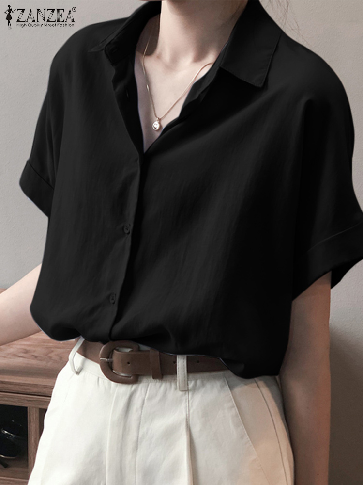 ZANZEA-camisas de gran tamaño para mujer, Tops lisos holgados a la , Blusa de manga corta, Blusas informales con botones lisos 2023: M / Negro