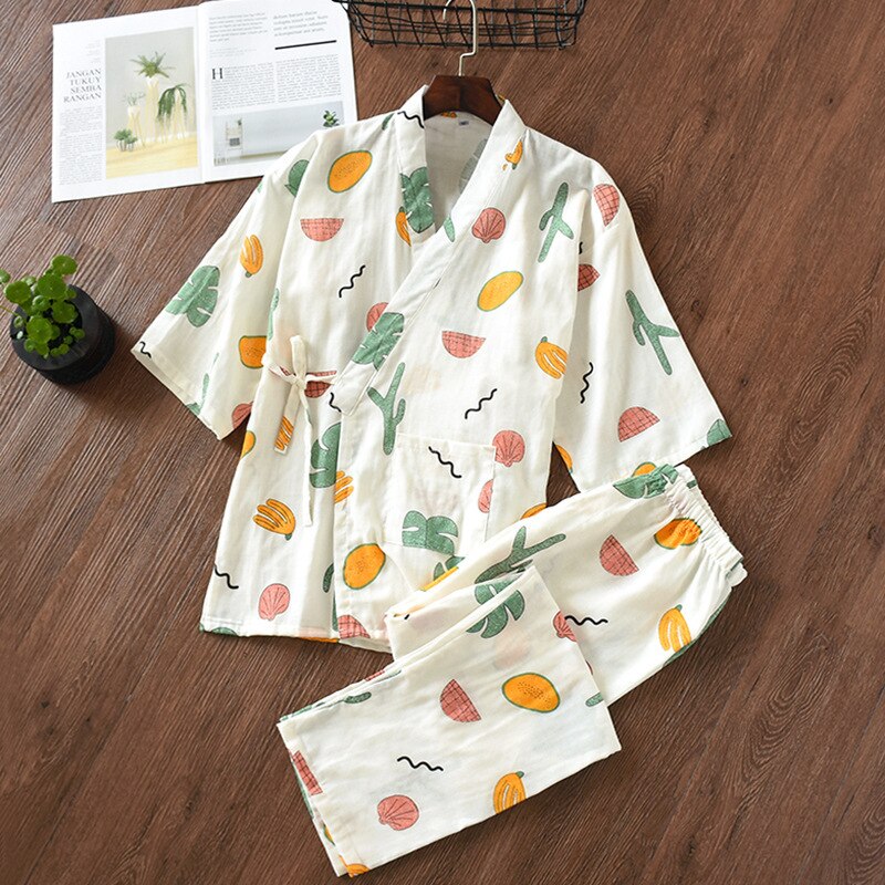Camisola feminina japonesa de algodão puro, conjunto de pijama feminino kimono de manga médio, tradicional, para usar em casa, estampada, casual