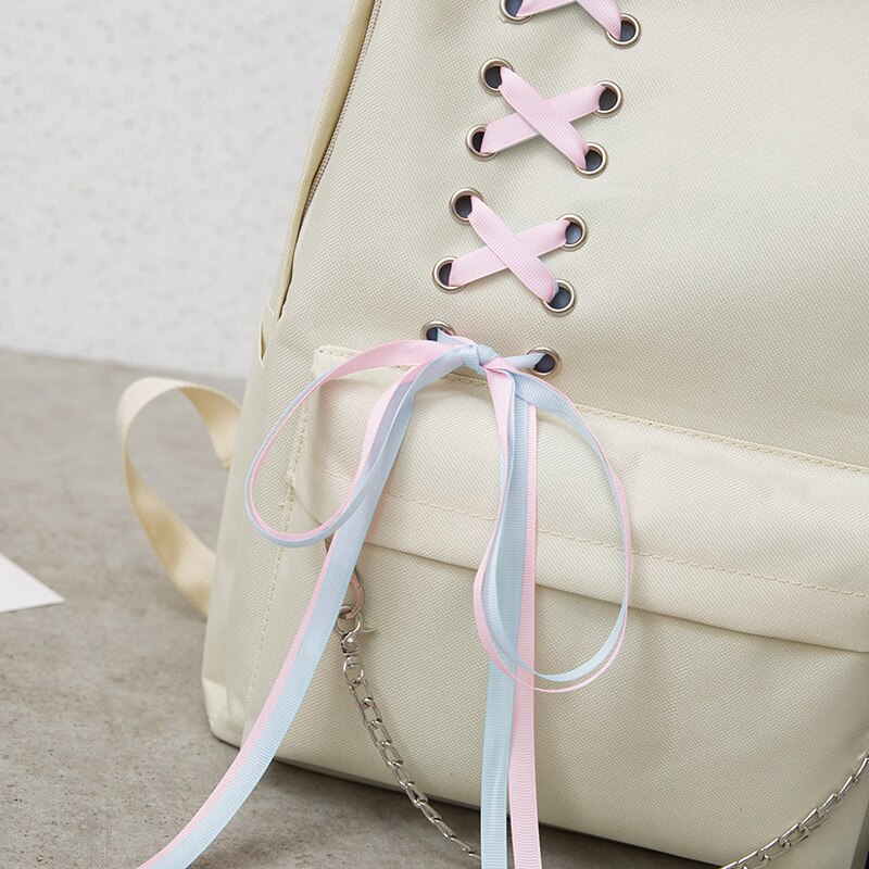 4 teile/satz Band Kette Bowknot Brief Mochila Leinwand Rucksack Reise Rucksäcke Freizeit Rucksäcke Für Teenager Mädchen Schule Bagpack