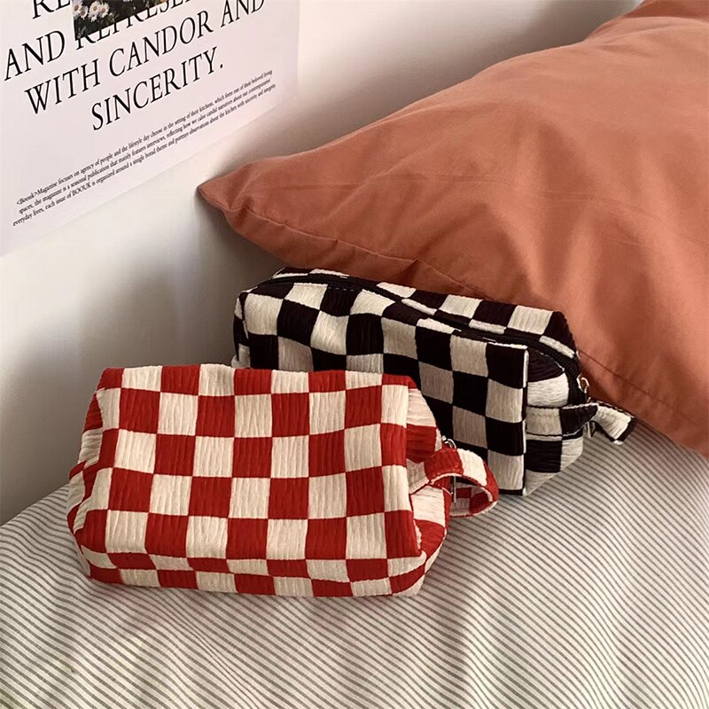 Cute Retro Checkerboard Grid Cow Print Pencil Bag Decorative Storage Pouch Girl Kawaii Stationery Pencil Cases School Supplies
