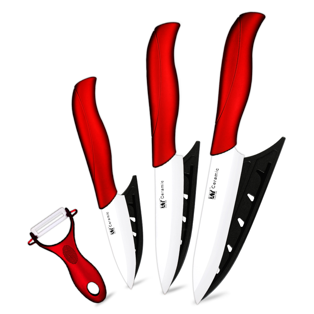 Keramik Messer 3 4 5 6 zoll Küchenmesser Set Peeler Zirkonia Schwarz Weiß Klinge Obst Koch Messer Vege Kochen werkzeug Stand Abdeckung Fall: Red 4 Pcs Set 2