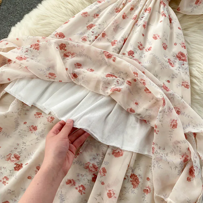 Kwiatowe nadruki retro wzburzyć szyfonowa elegancka spódniczka midi-linia V szyja plaża sukienka na wakacje kobiety koreańnarty moda lato Vestidos