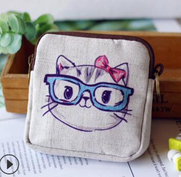 M022 Cartoon Lovely Fox Cat Printed Canvas Zipper Bag Geometric Square Multi-function Zero Wallet Women Student: 6