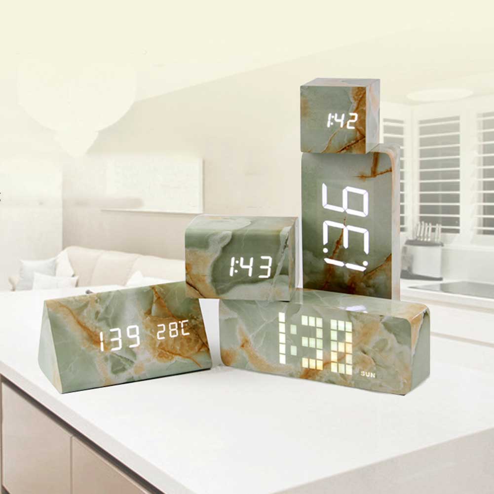 Marmer-zoals Hout LED Wekker Digitale Ultra-stille Bureau Wekker met Thermometer LKS99