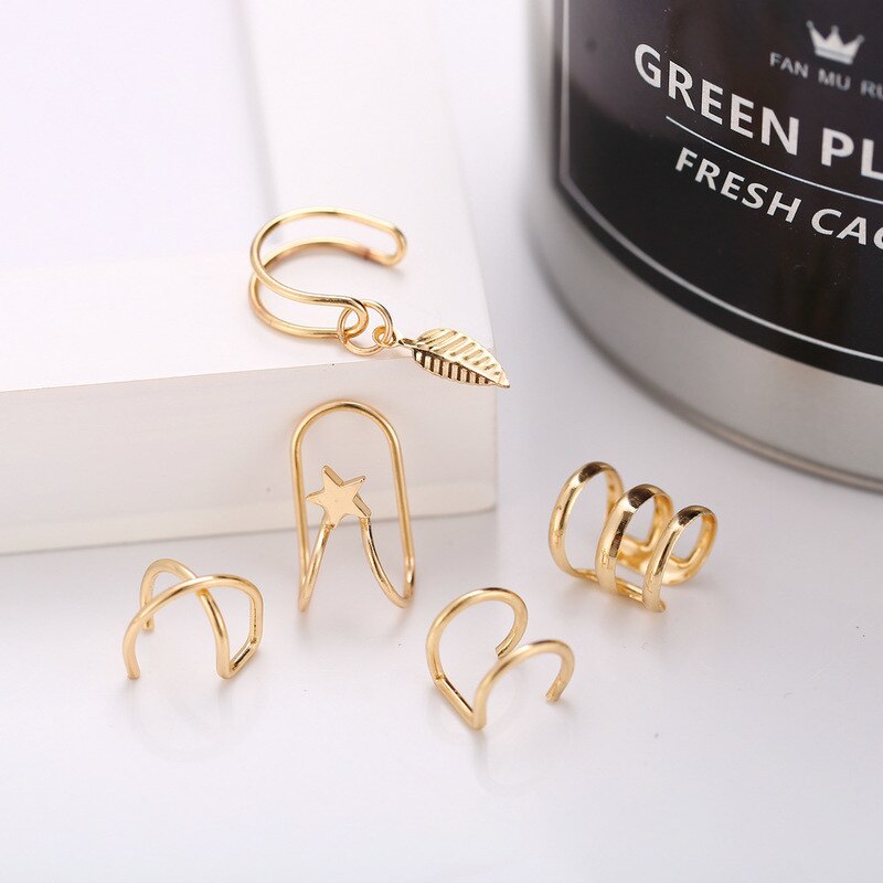 Oor Manchetten 5 Stks/set Mode Oor Manchetten Bladgoud Oor Manchet Clip Oorbellen Voor Vrouwen Klimmers Geen Piercing Nep kraakbeen Earring
