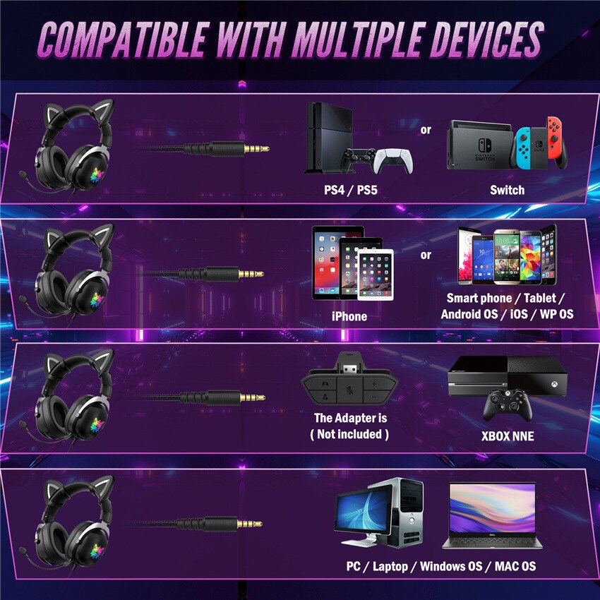 Balck Cat Ear PS4 Headset casque Wired Stereo PC Earphone Headphones with Mic & LED Light for Laptop/ PS4/Xbox One Controller