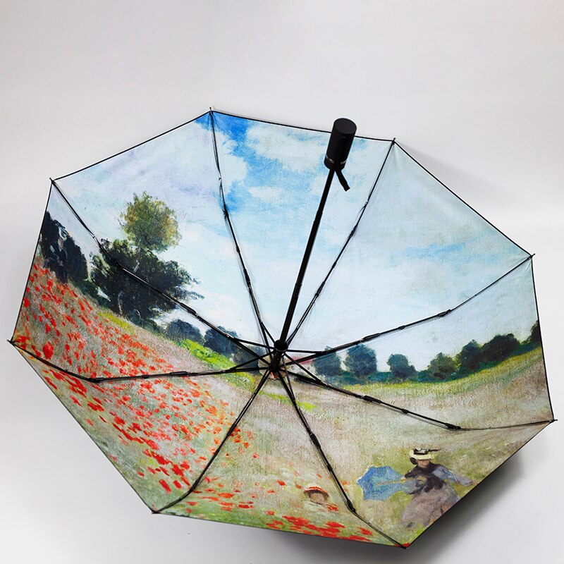 Claude Monet Oil Painting Umbrella Portable Manual 3-fold Rain Sun Umbrella For Women Parasol: automatic umbrella-3