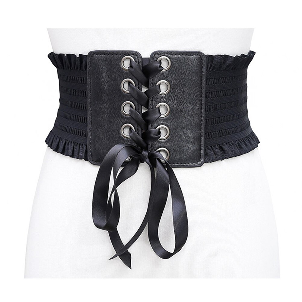 Gótico espartilho moda cintura cincher bustiers vestido largo espartilho cintura cinto de estiramento rendas até borlas fivela elástica superior: Black