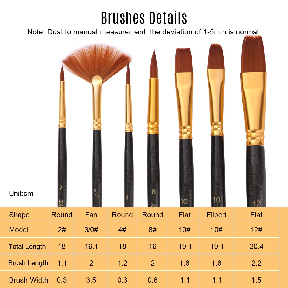 7pcs/set Art Paint Brushes Set Round & Flat & Filbert & Fan Tips Drawing Paintbrushes Nylon Hair Wooden Handle