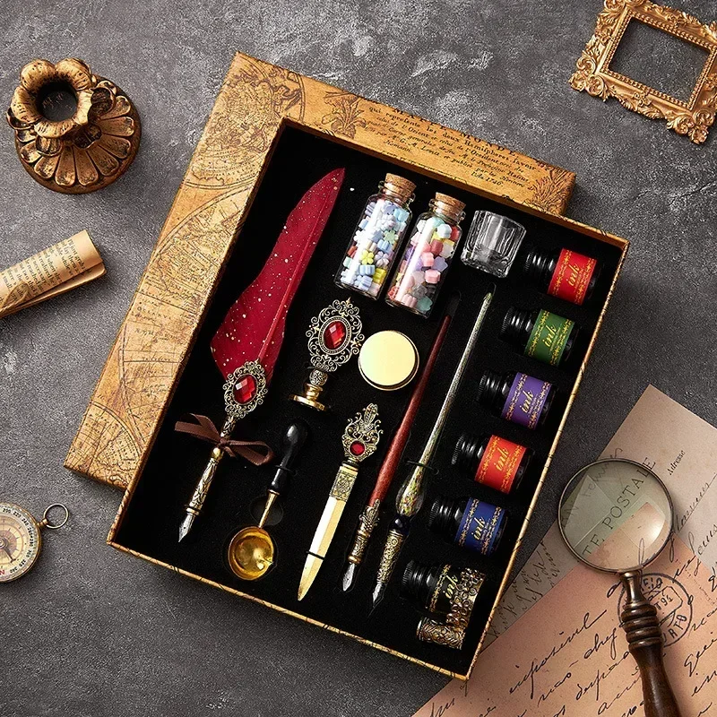 European Style Quill Pens Set with Ink Retro Dipping Quill Pen Lacquer Seal Student Dip Pencil Feather Pen: Red