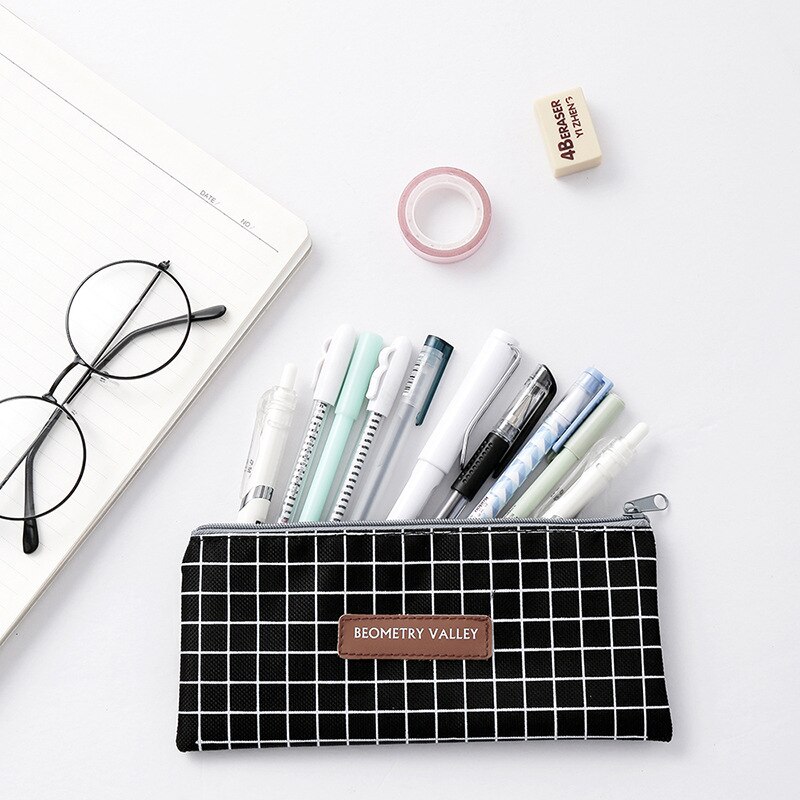 1 Pcs Kawaii Simple Grid Dot Canvas Pencil Bag Stationery Storage Organizer Pencil Case Office School Supply Pencil Box