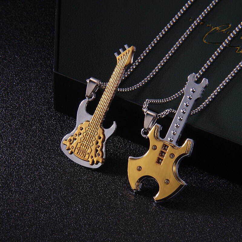 Stainless steel guitar pendant necklace men's trendy punk titanium steel sweater chain accessory jewelry