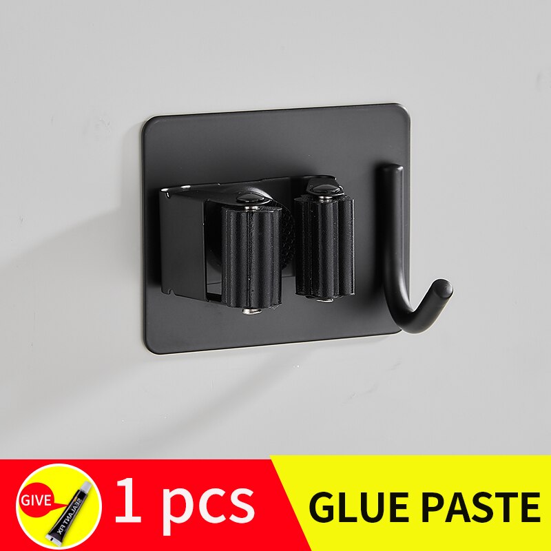 Salon balai et serpillère support inox robe crochets installation sans vis noir salle de bain étagères parapluie étagère de rangement: black-1pcs