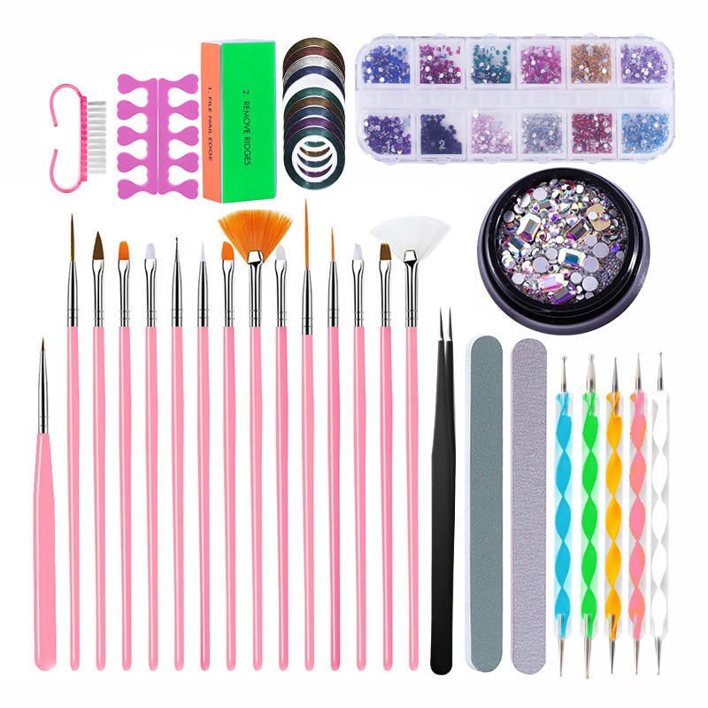 Uv lampe negleværktøj polering gel negle sæt med lampe negle pensel pen kit tegning diamant ornament dekoration polering manicure diy: Manicure sæt  tz06