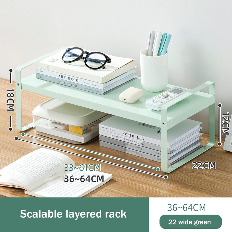 Retractable Simple Bookshelf Office Desktop Storage Rack Table Multi-layer Desk Organize Carbon Steel Small Shelf Storage Box: 36 To 64 width 22  B
