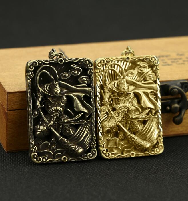 Collection Chinese Brass Carved Monkey King Sun Wukong Exorcise Evil Spirits Card Exquisite Small Pendant Statues