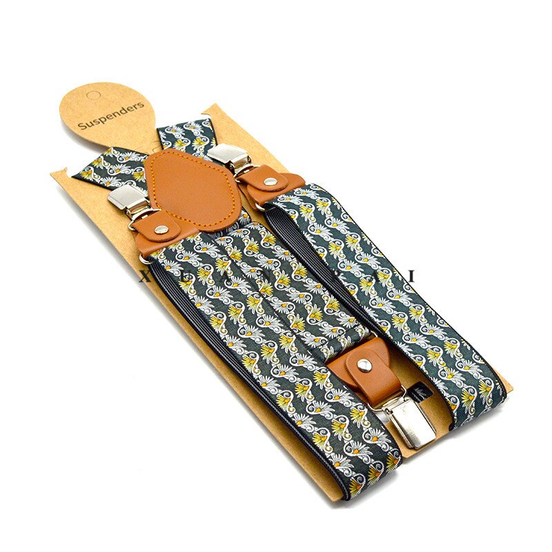Bretelle con stampa pantaloni da uomo floreale blu scuro bretelle maschili con 3 clip in pelle Y bretelle per adulti regolabili posteriori 120cm * 3.5cm: yellow leather