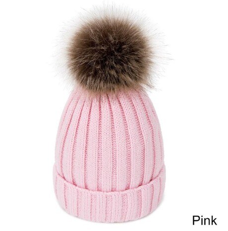 Evrfelan Bommel Wolle Winter Hütte Frauen Gestrickte Dicke Mütze Hüte für Damen Warme Schädeldecke Beanies Mädchen Motorhaube Gorro: Rosa