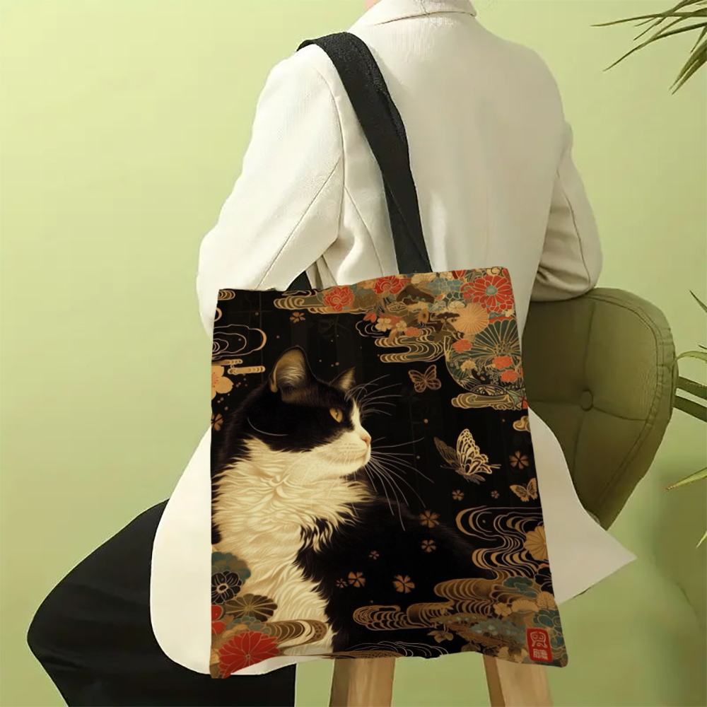 Sac fourre-tout classique chat noir et blanc avec imprimé chat, sac de plage de Shopping à bandoulière réutilisable pour femmes, sac de transport décontracté Durable: green